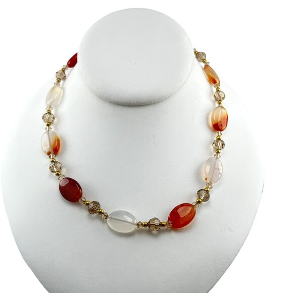 Carnelian Agate Beaded Necklace Oval Gemstone Beads Gold Tone Clasp 18 Inch - Picture 1 of 8